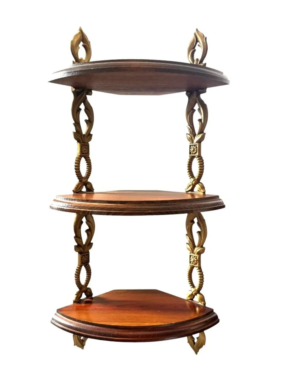 Vintage Sexton 3 Tier Wooden Wall Corner Shelf With Ornate Metal Brackets